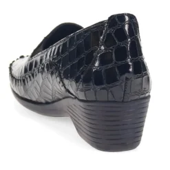 Leather Slip-On Heeled Shoes - Black Croc