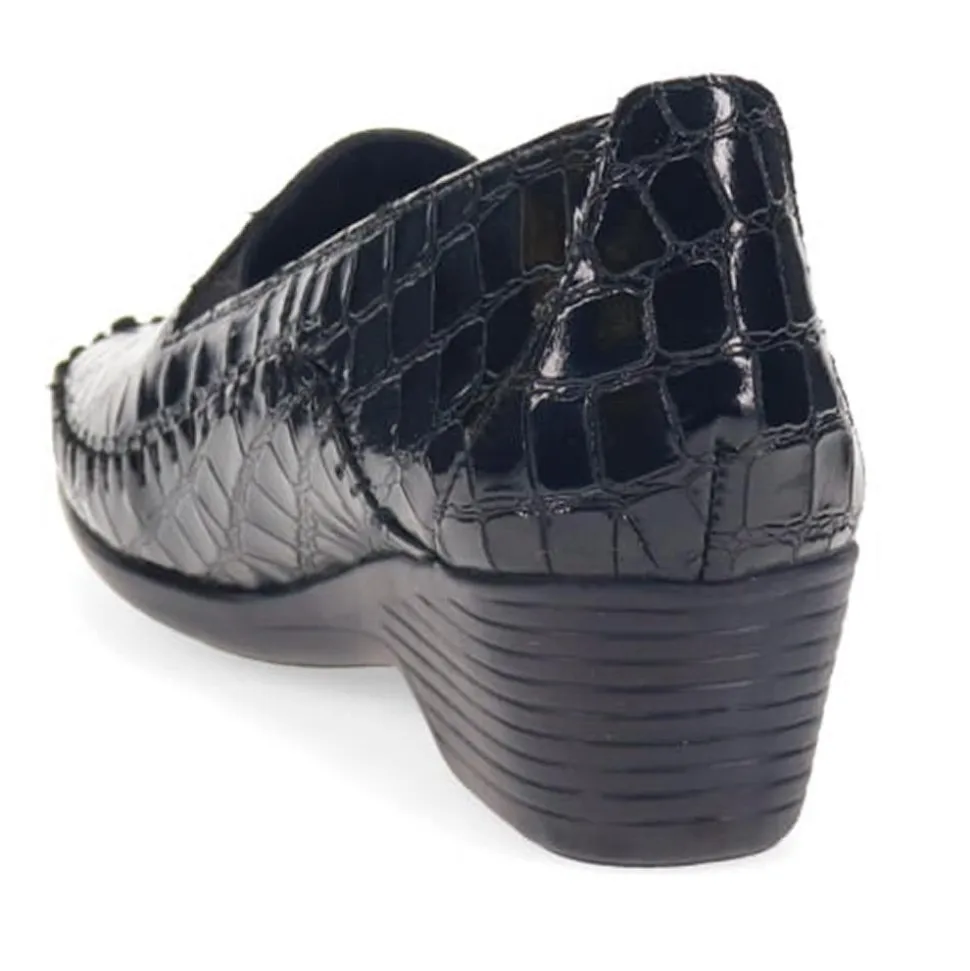 Leather Slip-On Heeled Shoes - Black Croc