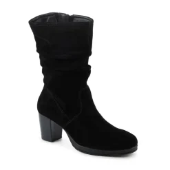 Leather Stacked Heel Calf Length Boots - Black