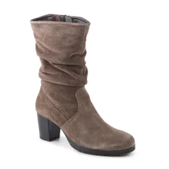 Leather Stacked Heel Calf Length Boots - Taupe