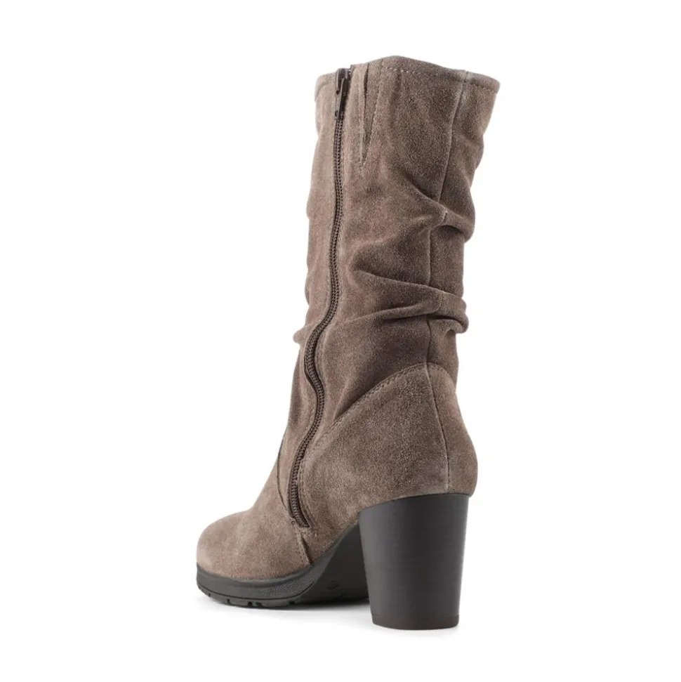 Leather Stacked Heel Calf Length Boots - Taupe