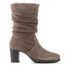 Leather Stacked Heel Calf Length Boots - Taupe