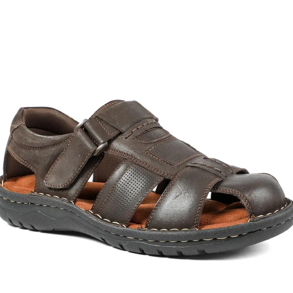 Leather Touch Fasten Fisherman Sandals - Dark Brown