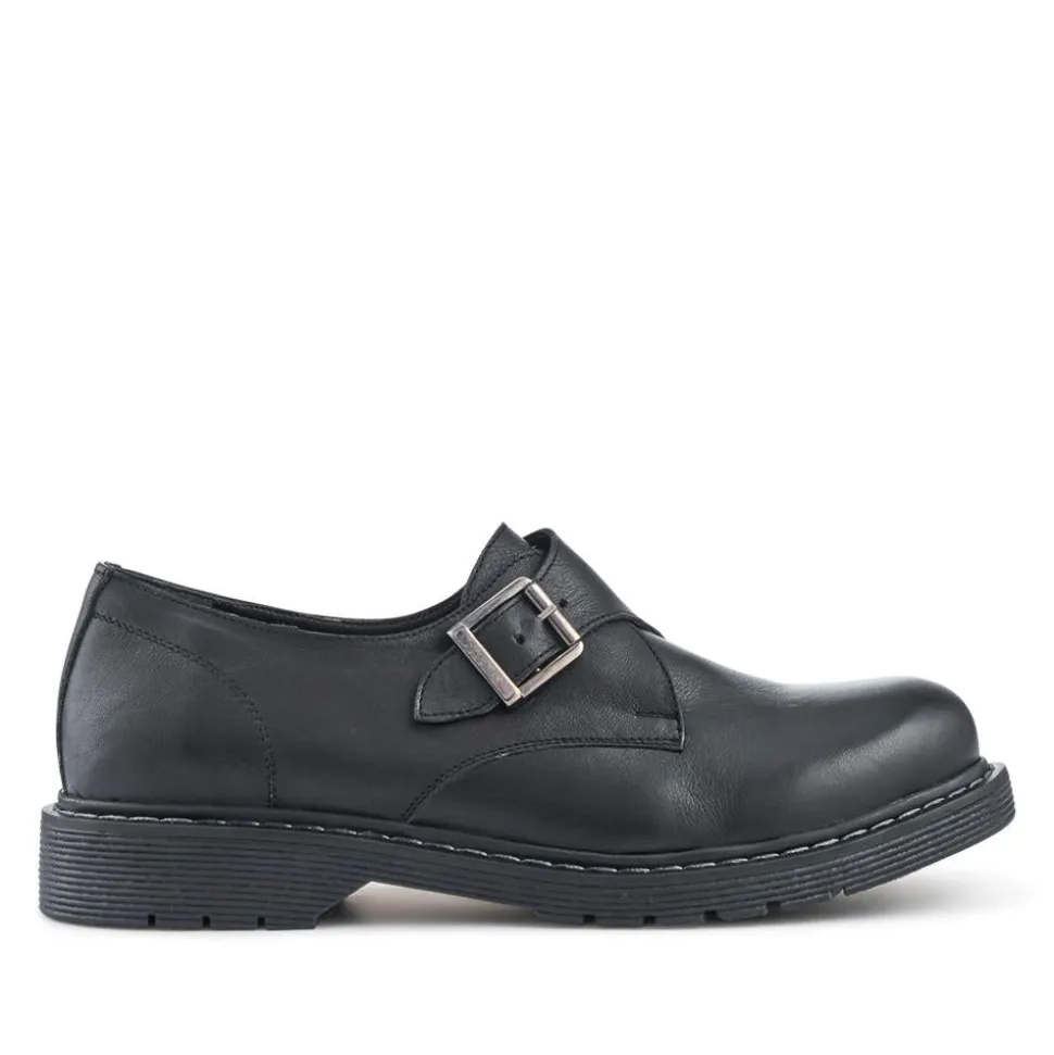 Leather Touch-Fasten Monk Shoes - Black