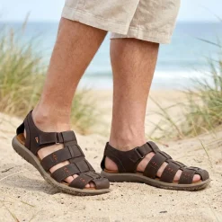 Leather Touch-Fasten Sandals - Dark Brown