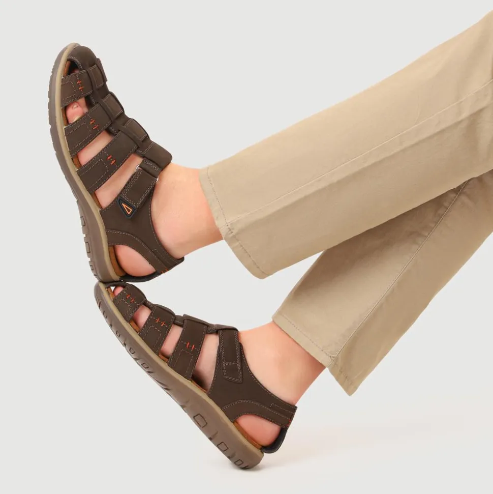 Leather Touch-Fasten Sandals - Dark Brown