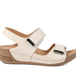 Leather Touch Fasten Wedge Sandals - Beige