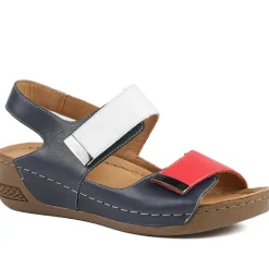 Leather Touch Fasten Wedge Sandals - Navy Multi