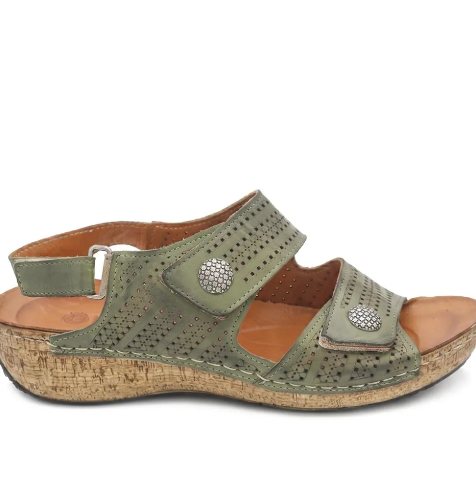 Leather Triple Adjustable Strap Sandals - Khaki
