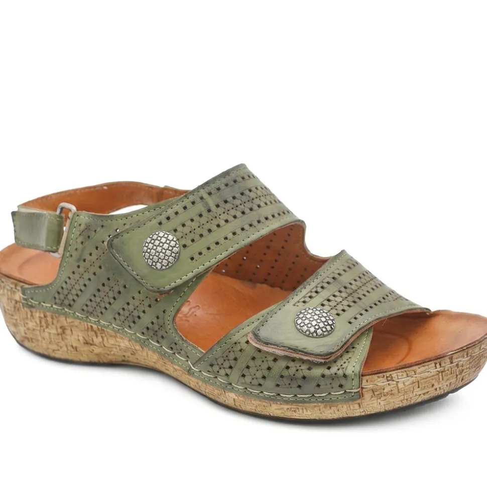 Leather Triple Adjustable Strap Sandals - Khaki
