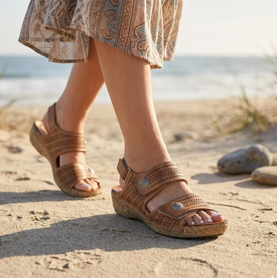 Leather Triple Adjustable Strap Sandals - Tan