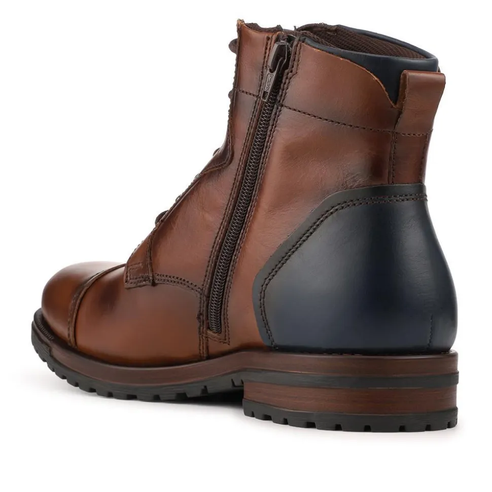 Leather Two Tone Lace Up Boots With Toe Cap - Tan