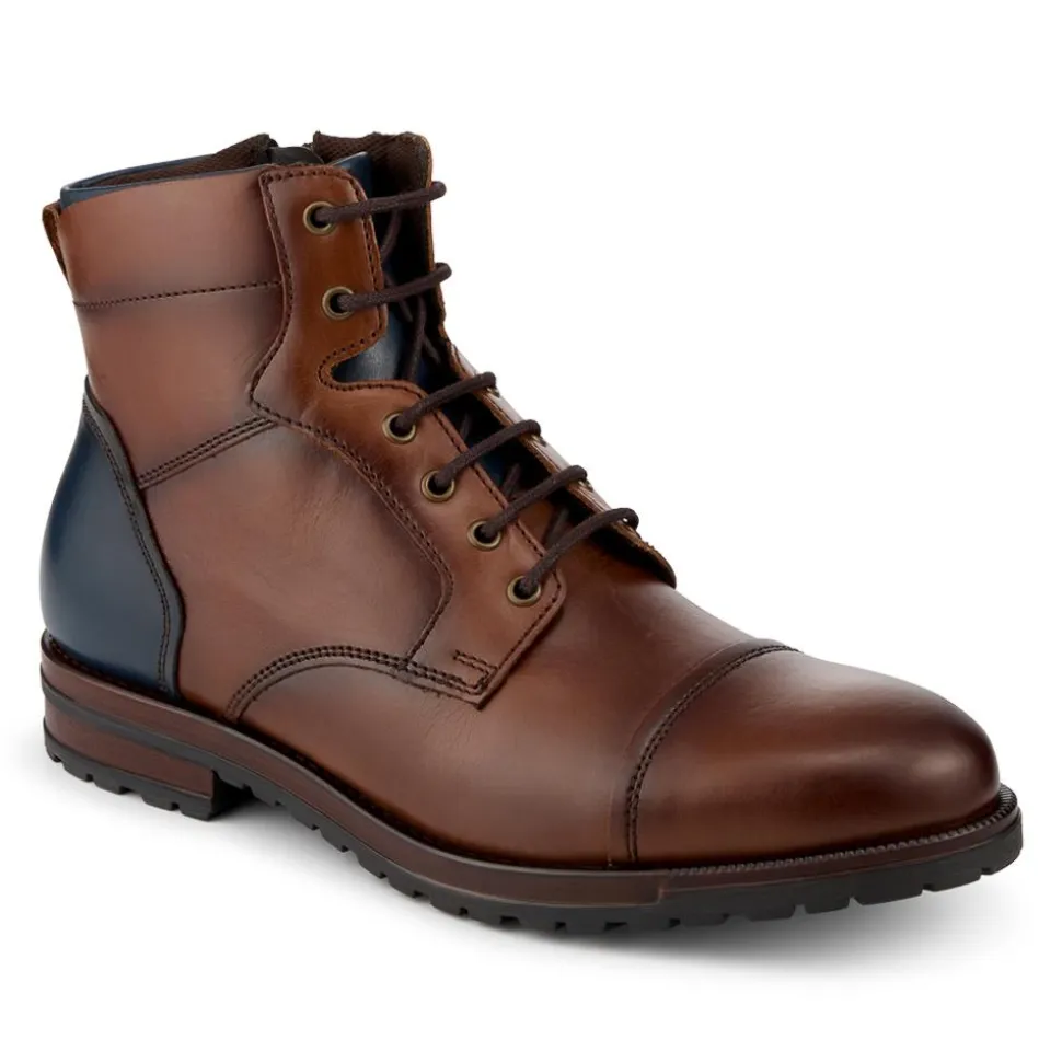Leather Two Tone Lace Up Boots With Toe Cap - Tan