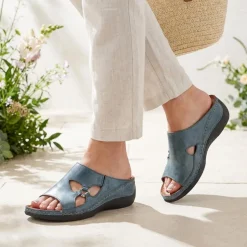 Leather Wedge-Heeled Mules - Denim