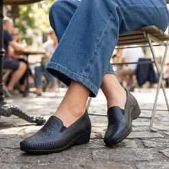 Leather Wedge Loafers - Navy