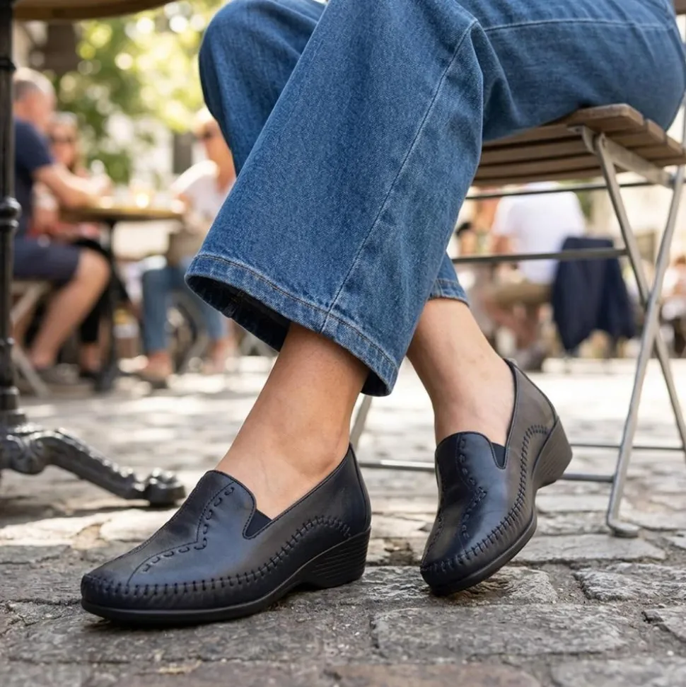 Leather Wedge Loafers - Navy