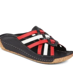 Leather Woven Wedge Mule Sandals - Navy-Red