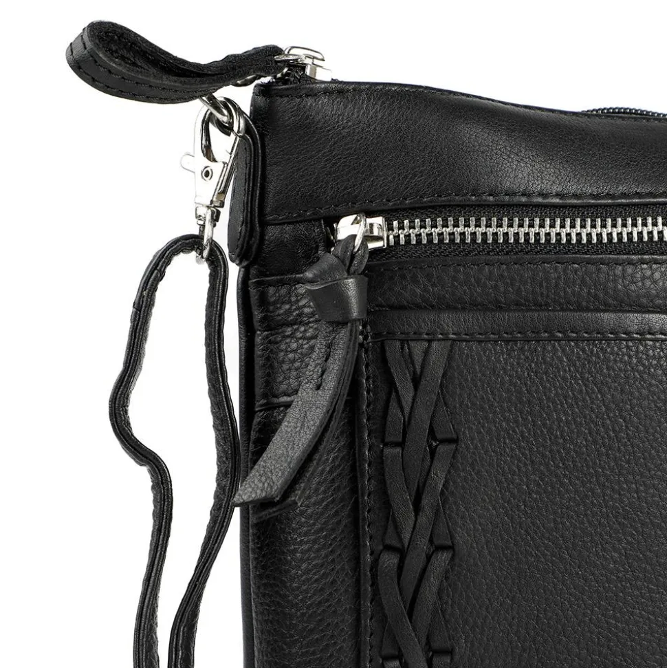 Leather Zip Close Crossbody Bag - Black