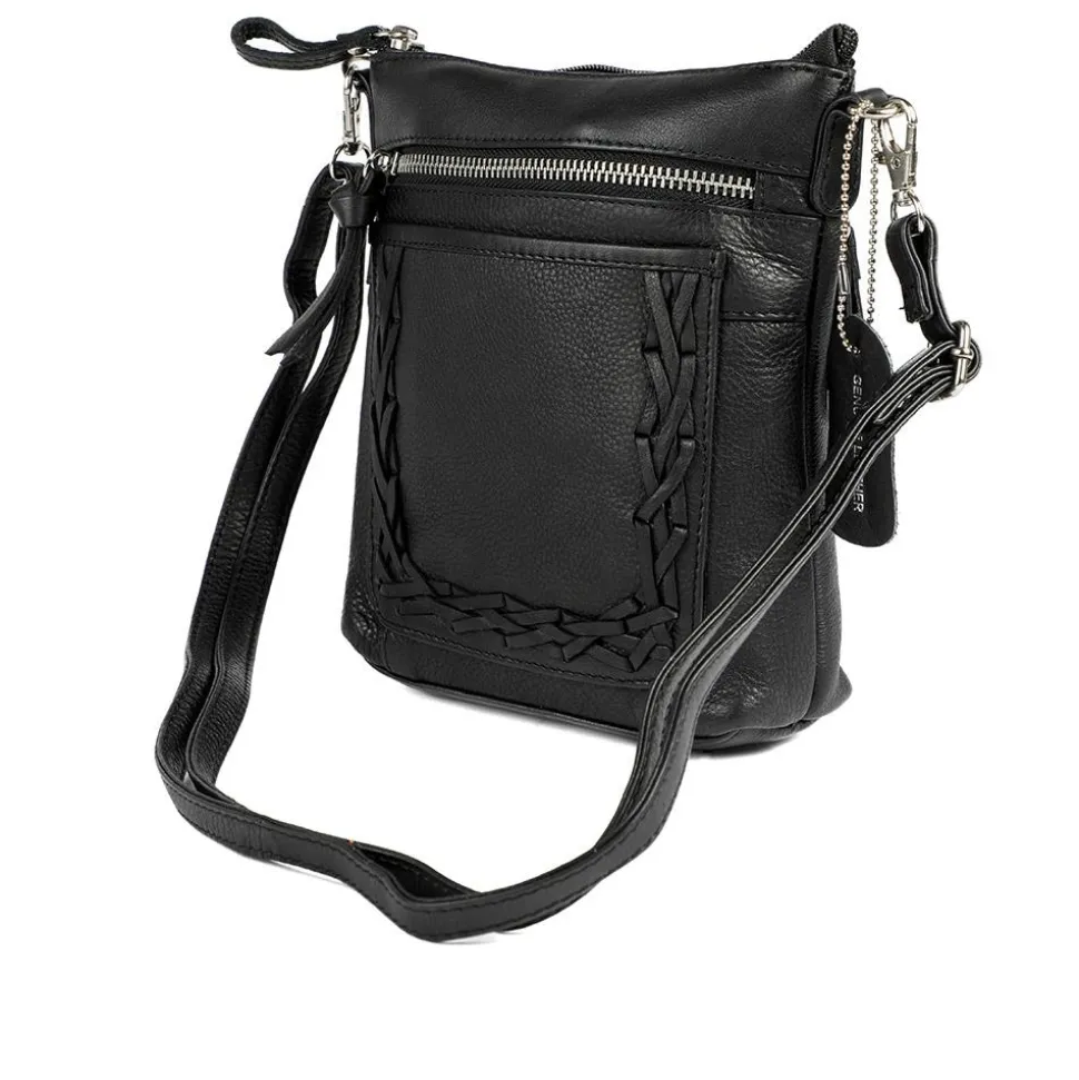 Leather Zip Close Crossbody Bag - Black