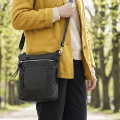 Leather Zip Close Crossbody Bag - Black