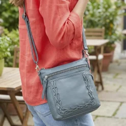 Leather Zip Close Crossbody Bag - Denim