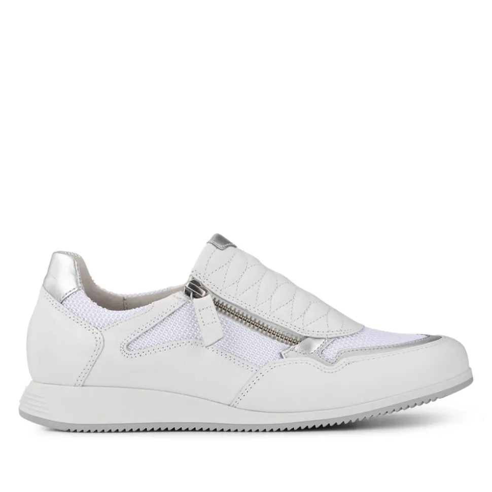 Leather Zip-Up Casual Trainers - White-Silver
