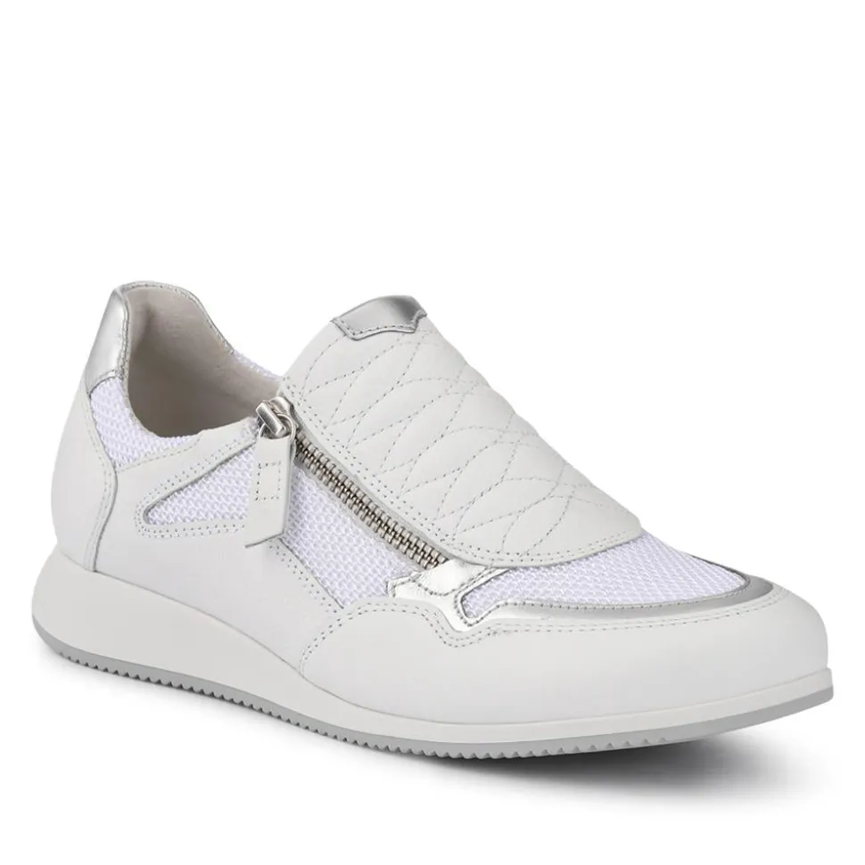 Leather Zip-Up Casual Trainers - White-Silver