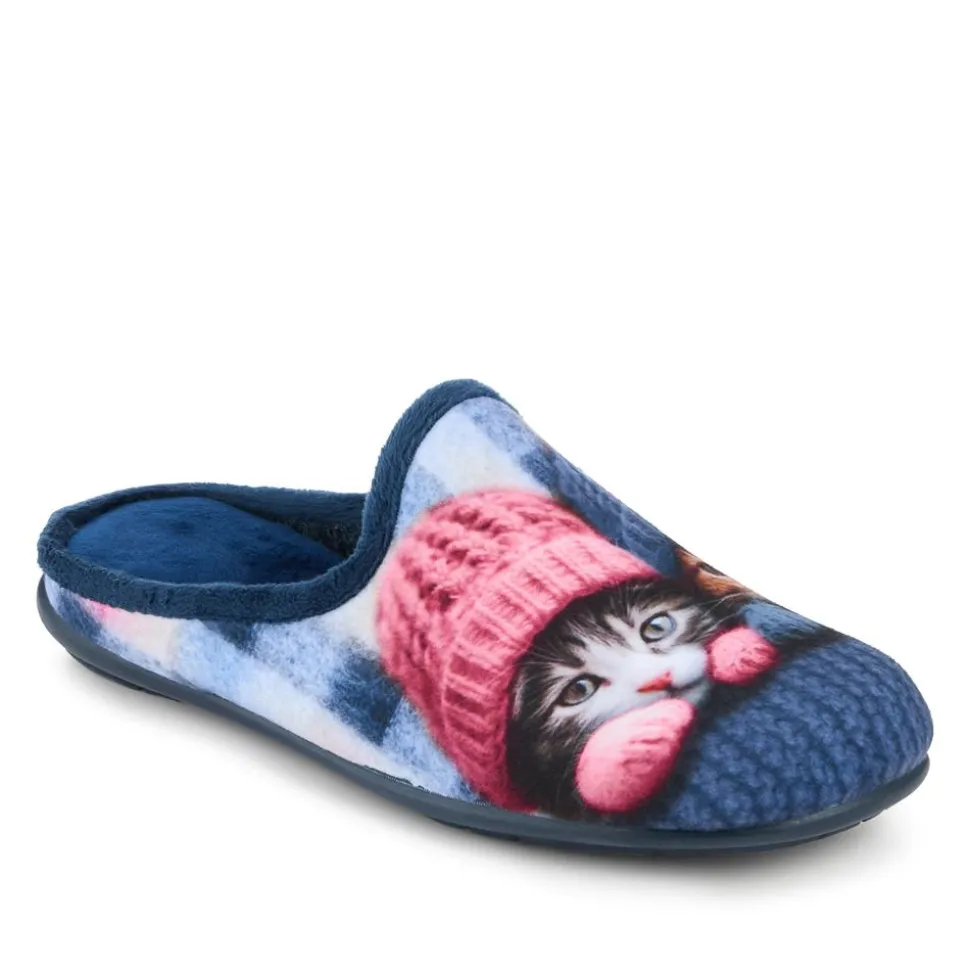 Lightweight Velour Kitten Slippers - Navy