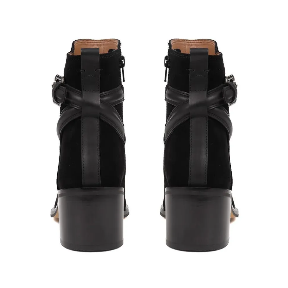 Lisabet Leather Buckle Strap Ankle Boots - Black