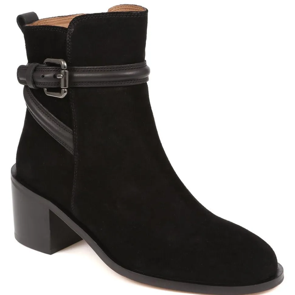 Lisabet Leather Buckle Strap Ankle Boots - Black