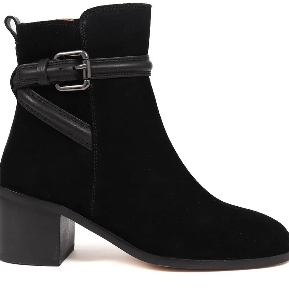Lisabet Leather Buckle Strap Ankle Boots - Black