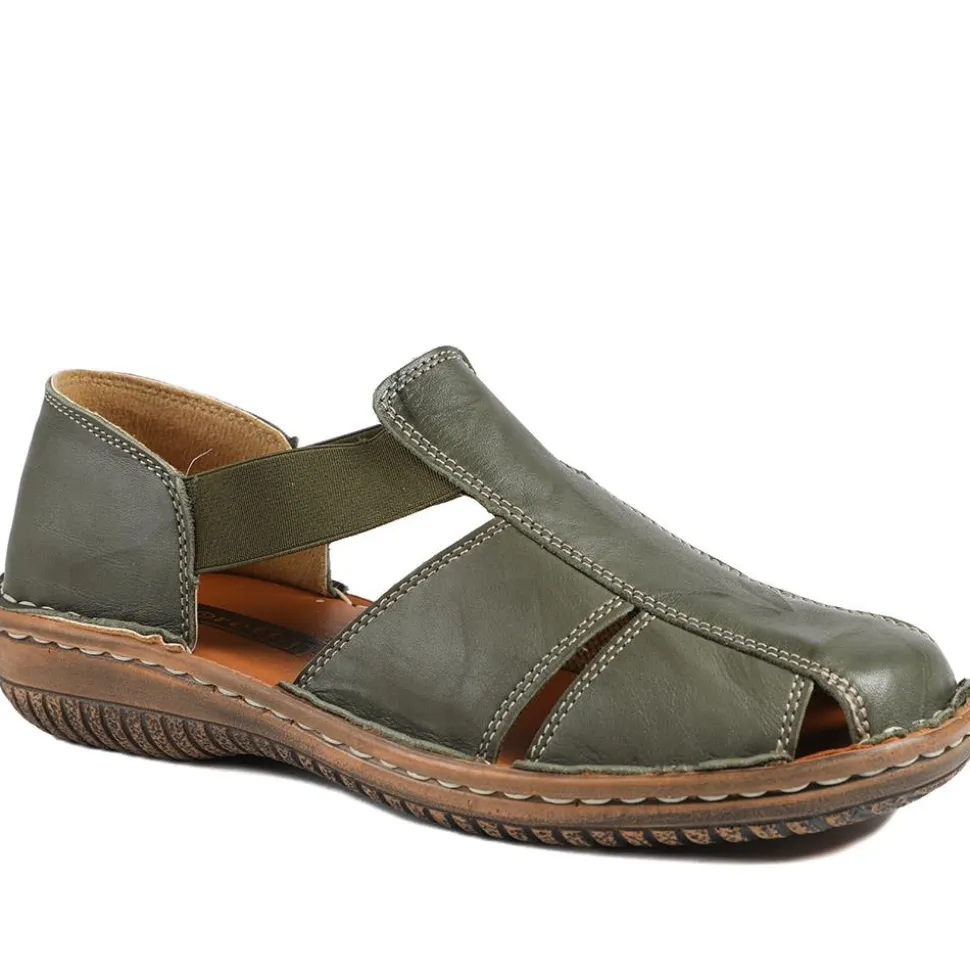 Loretta Leather Elasticated Slip On Shoes - Khaki