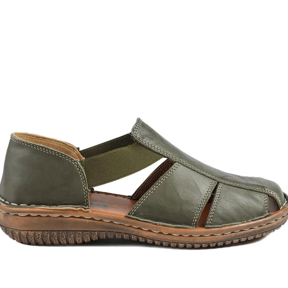 Loretta Leather Elasticated Slip On Shoes - Khaki