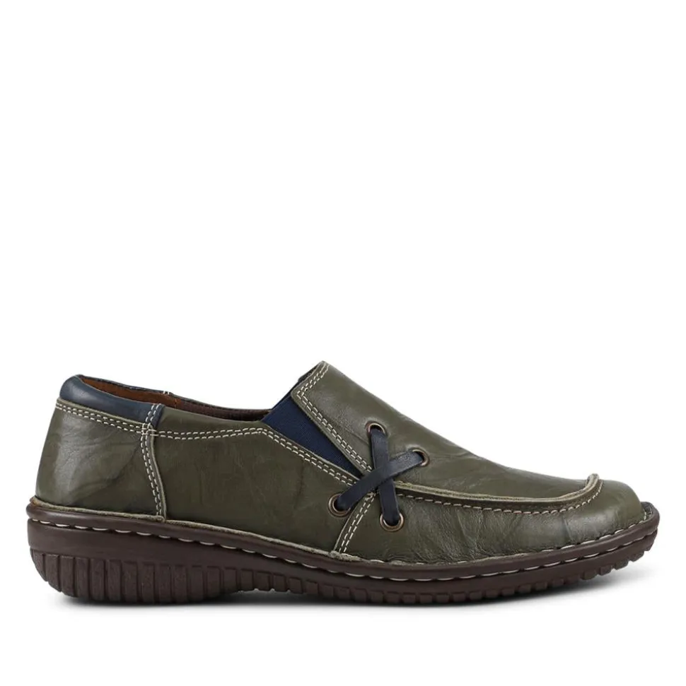 Loretta Leather Handmade Slip-On Loafers - Khaki-Navy