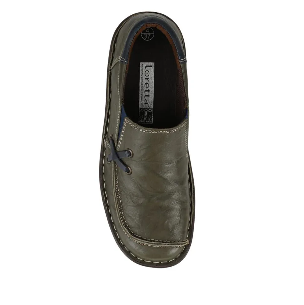 Loretta Leather Handmade Slip-On Loafers - Khaki-Navy
