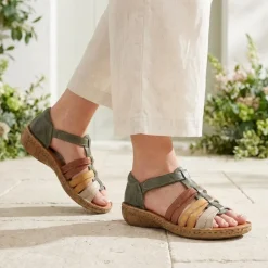 Loretta Leather Touch Fasten Sandals - Khaki Multi