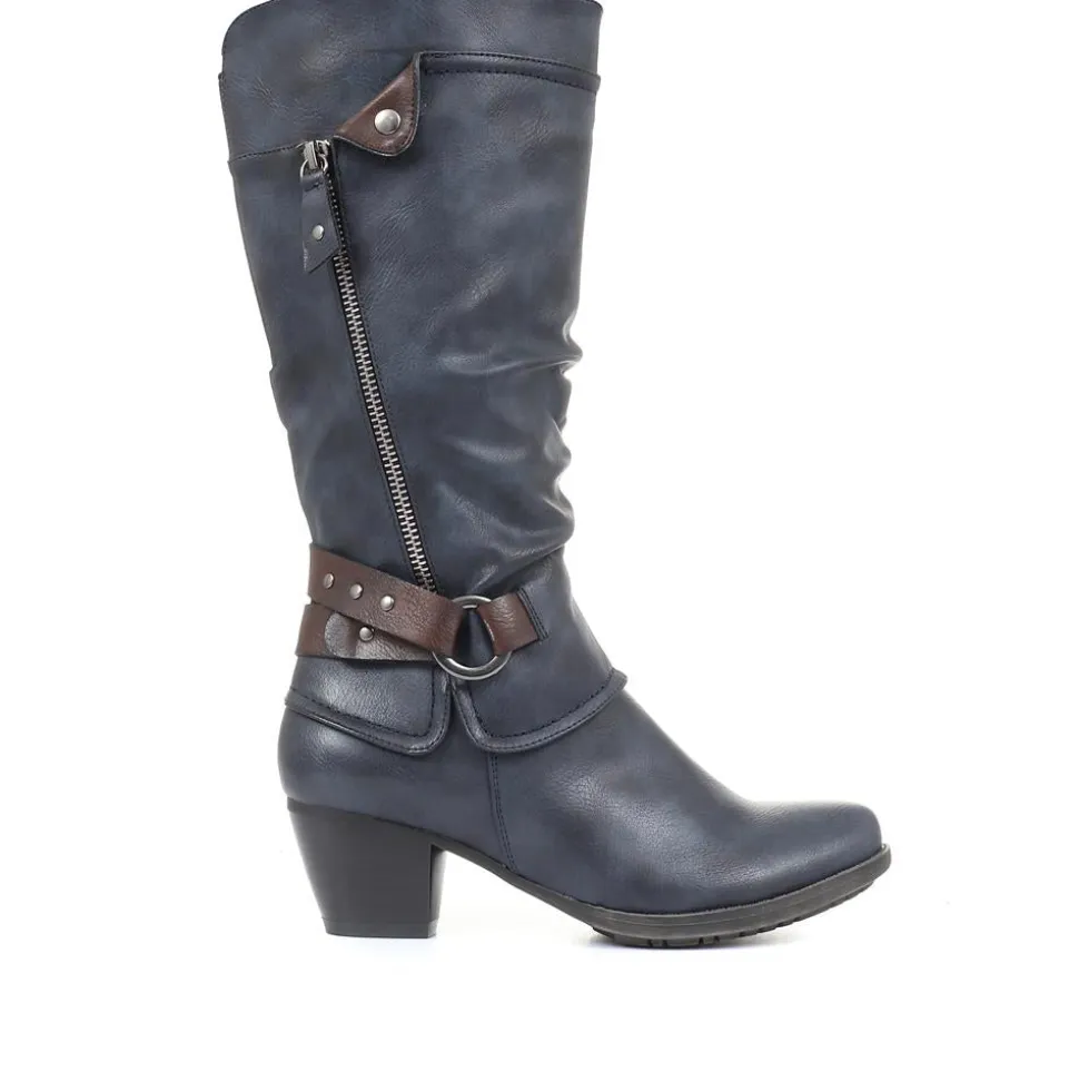 Low Heeled Slouch Boots - Navy