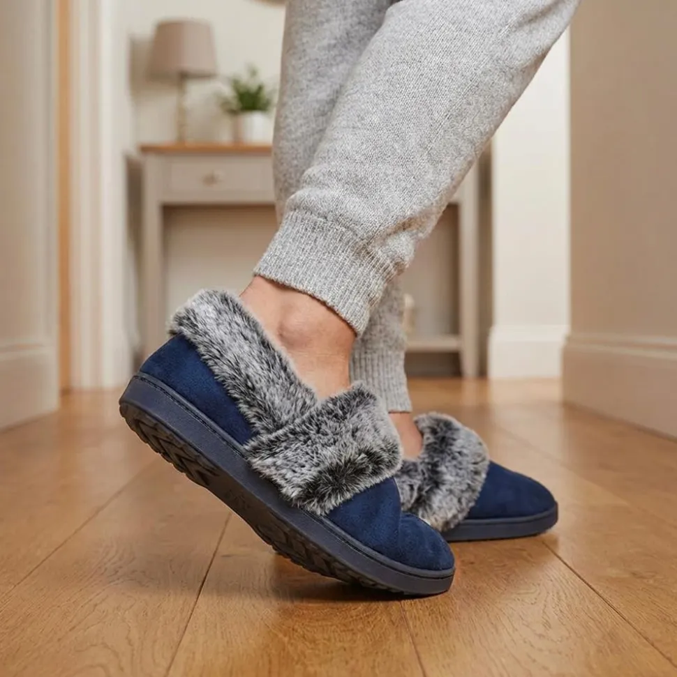 Luxury Velour Cushioned Slippers - Navy