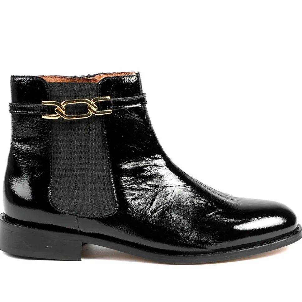 Madina Leather Elasticated Ankle Boots - Black Patent