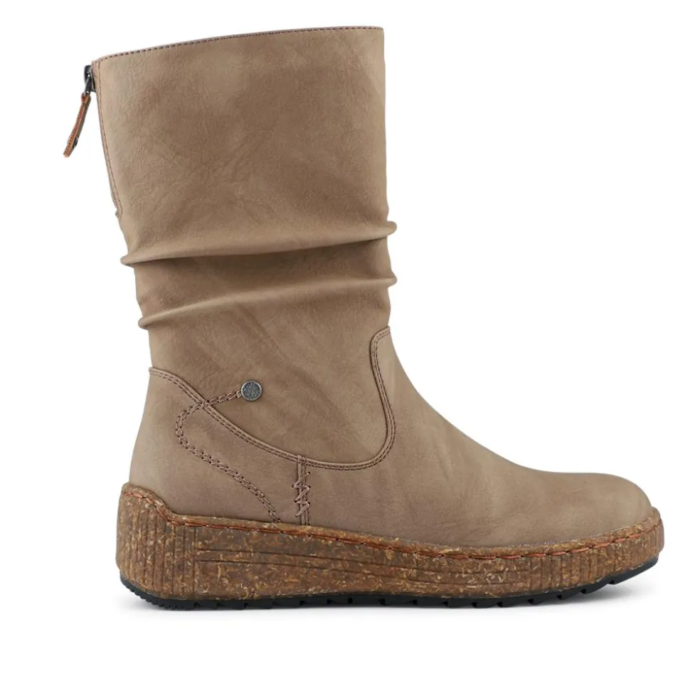 Mid Calf Wedged Slouch Boots - Beige