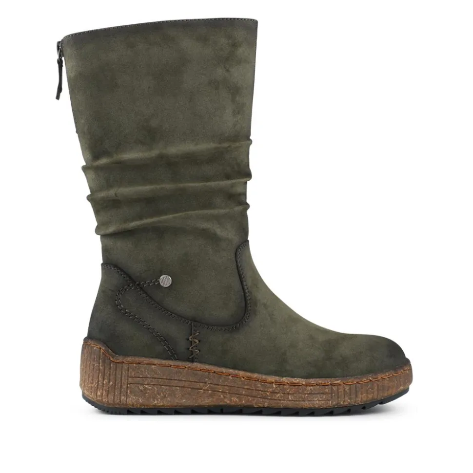 Mid Calf Wedged Slouch Boots - Olive