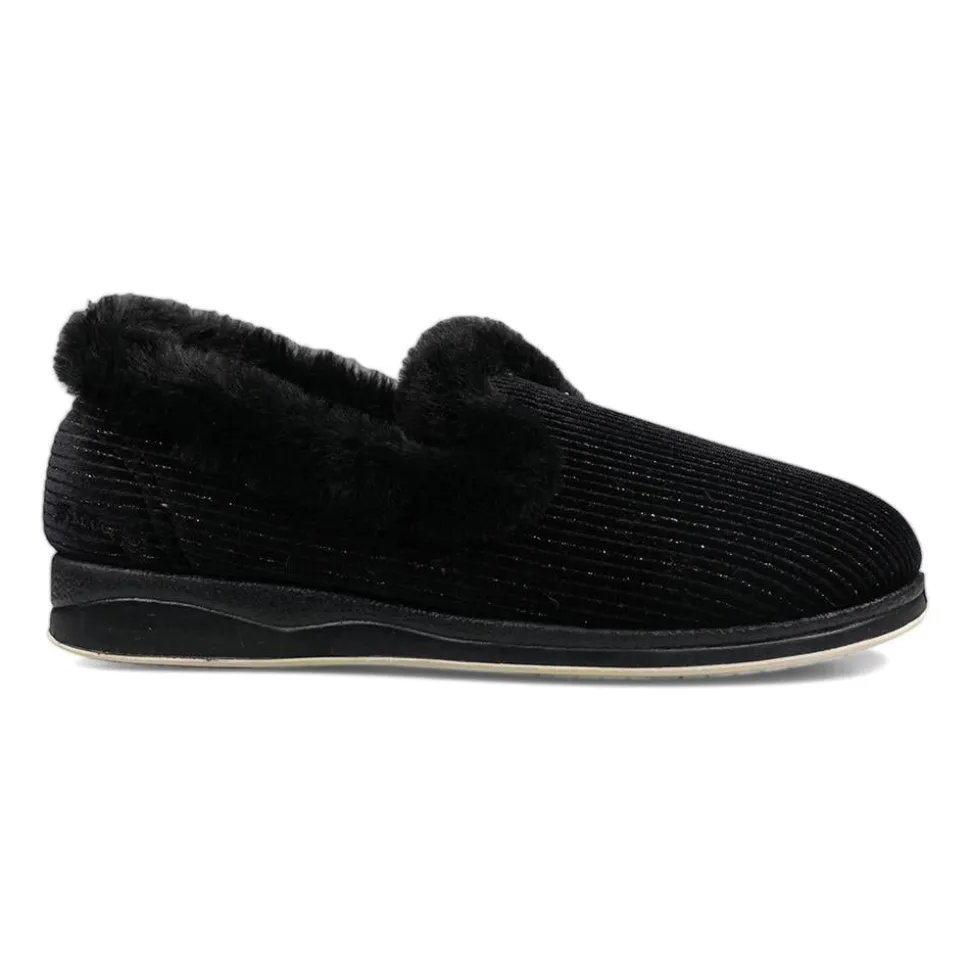 Padders Ladies Slippers 2E Fit Vulcanised - BLACK SPARKLE CORD