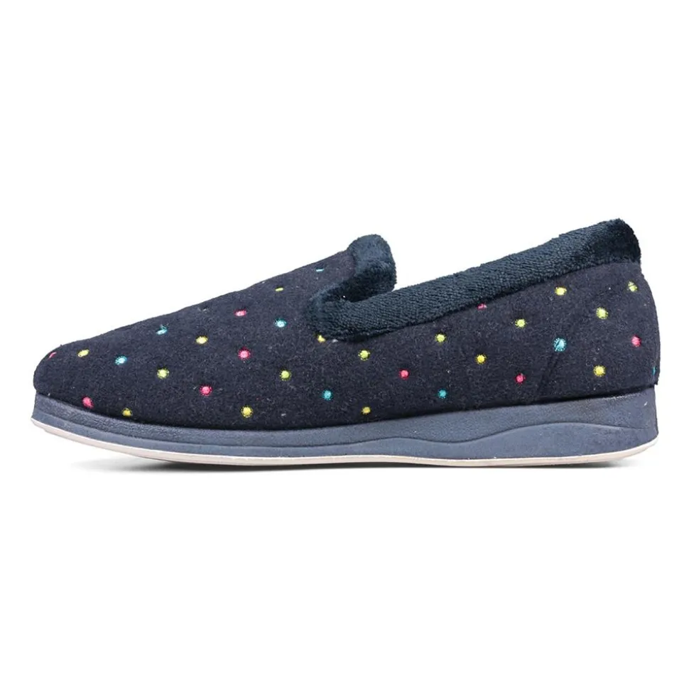 Padders Ladies Slippers 2E Fit Vulcanised - Navy Woven Spot