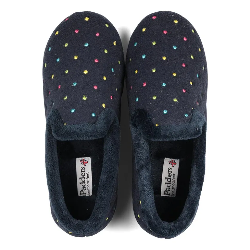 Padders Ladies Slippers 2E Fit Vulcanised - Navy Woven Spot