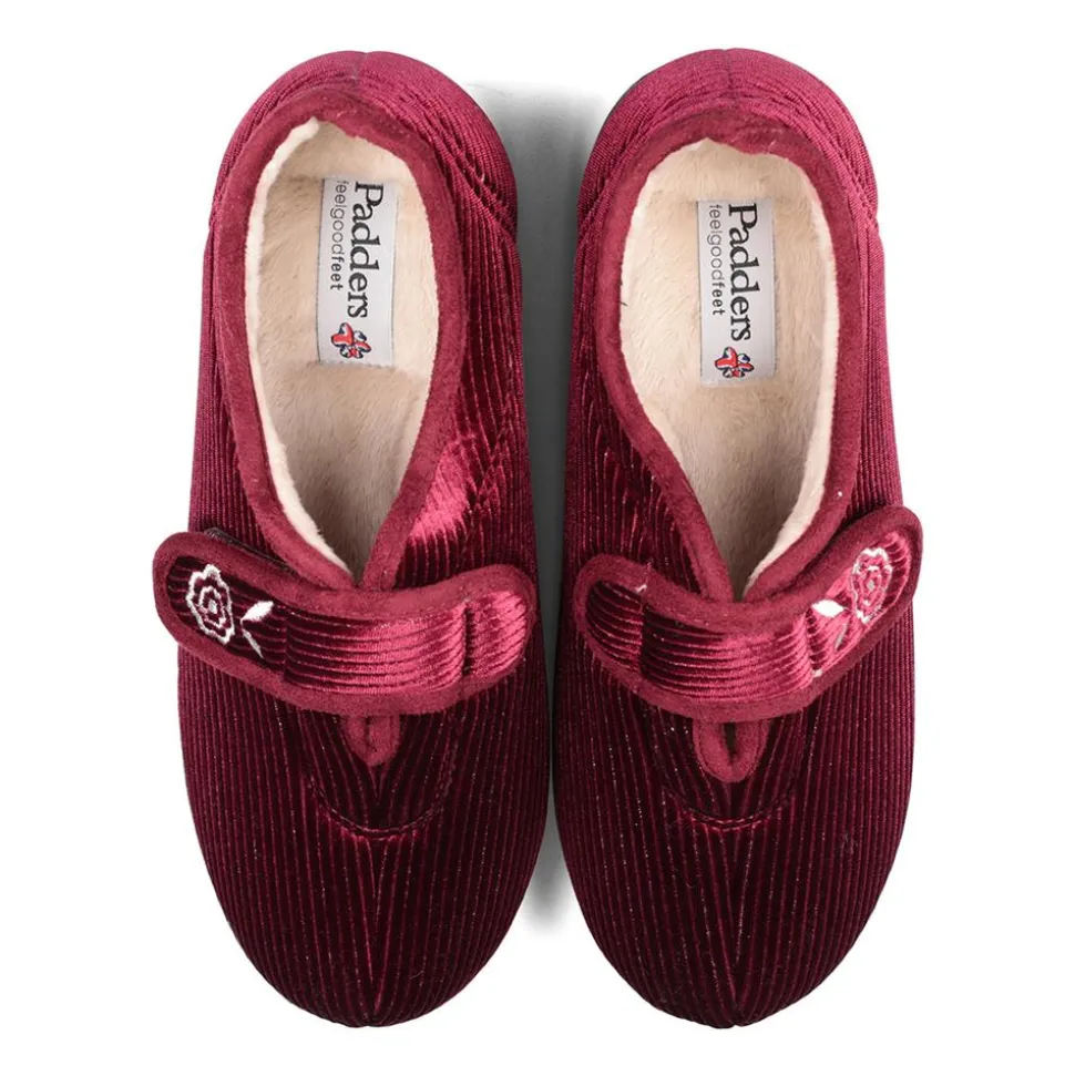 Padders Ladies Slippers 2E Fit Vulcanised - Winter Red Sparkle Cord