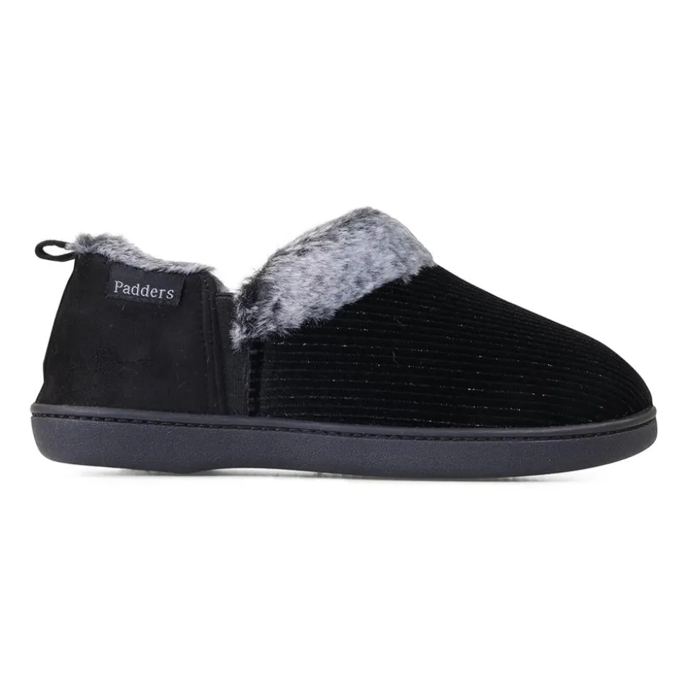 Padders Ladies Slippers 2E Side Stitched Washable - BLACK SPARKLE CORD