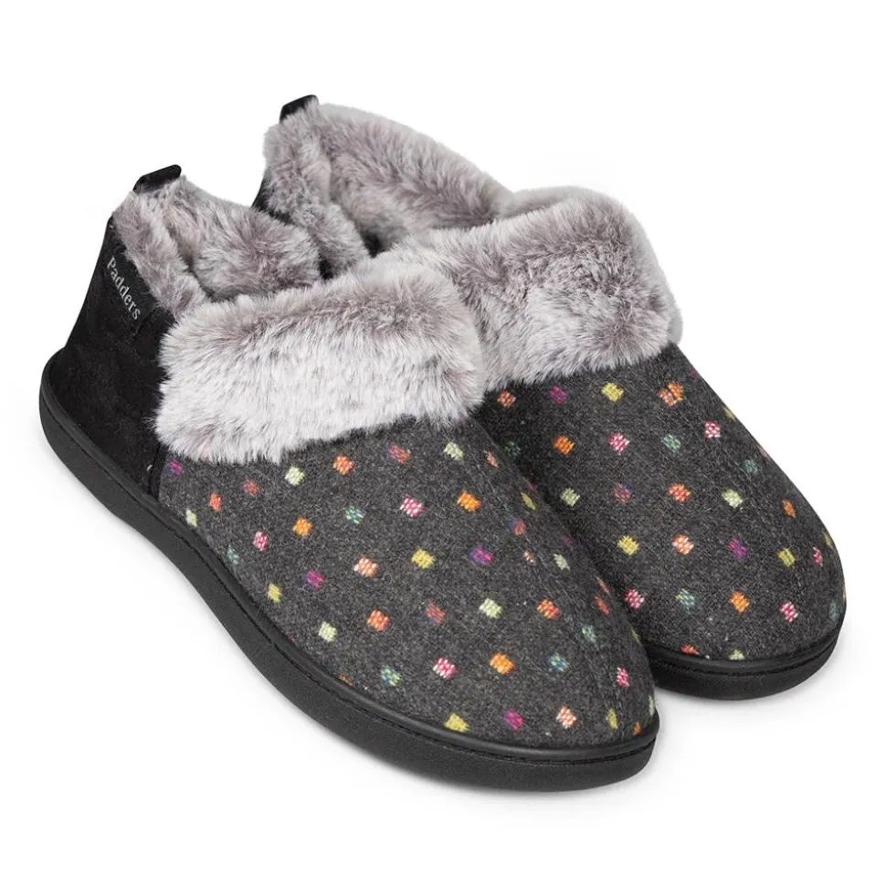 Padders Ladies Slippers 2E Side Stitched Washable - CHARCOAL WOVEN SPOT