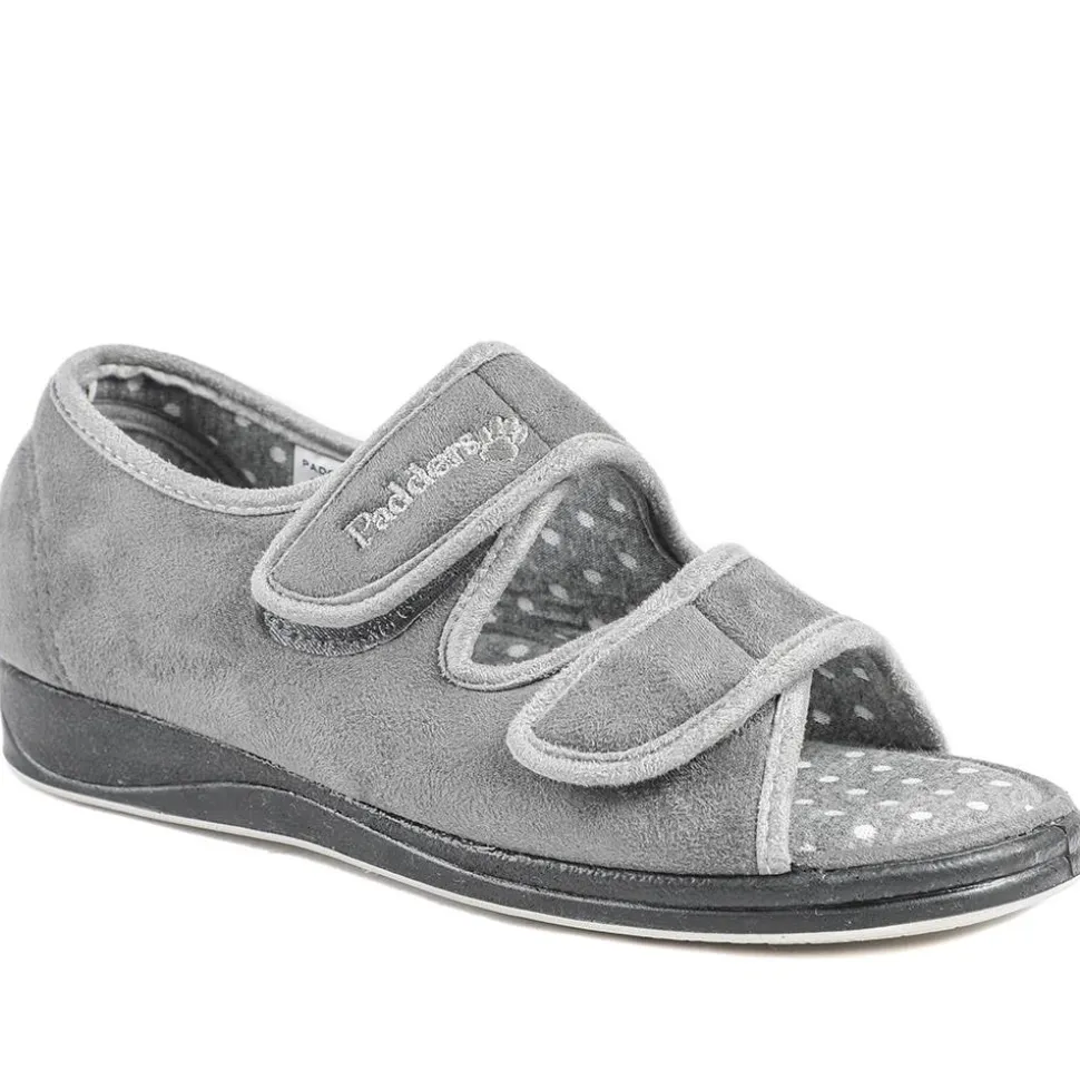 Padders Wide Fit Touch Fasten Slippers - Grey