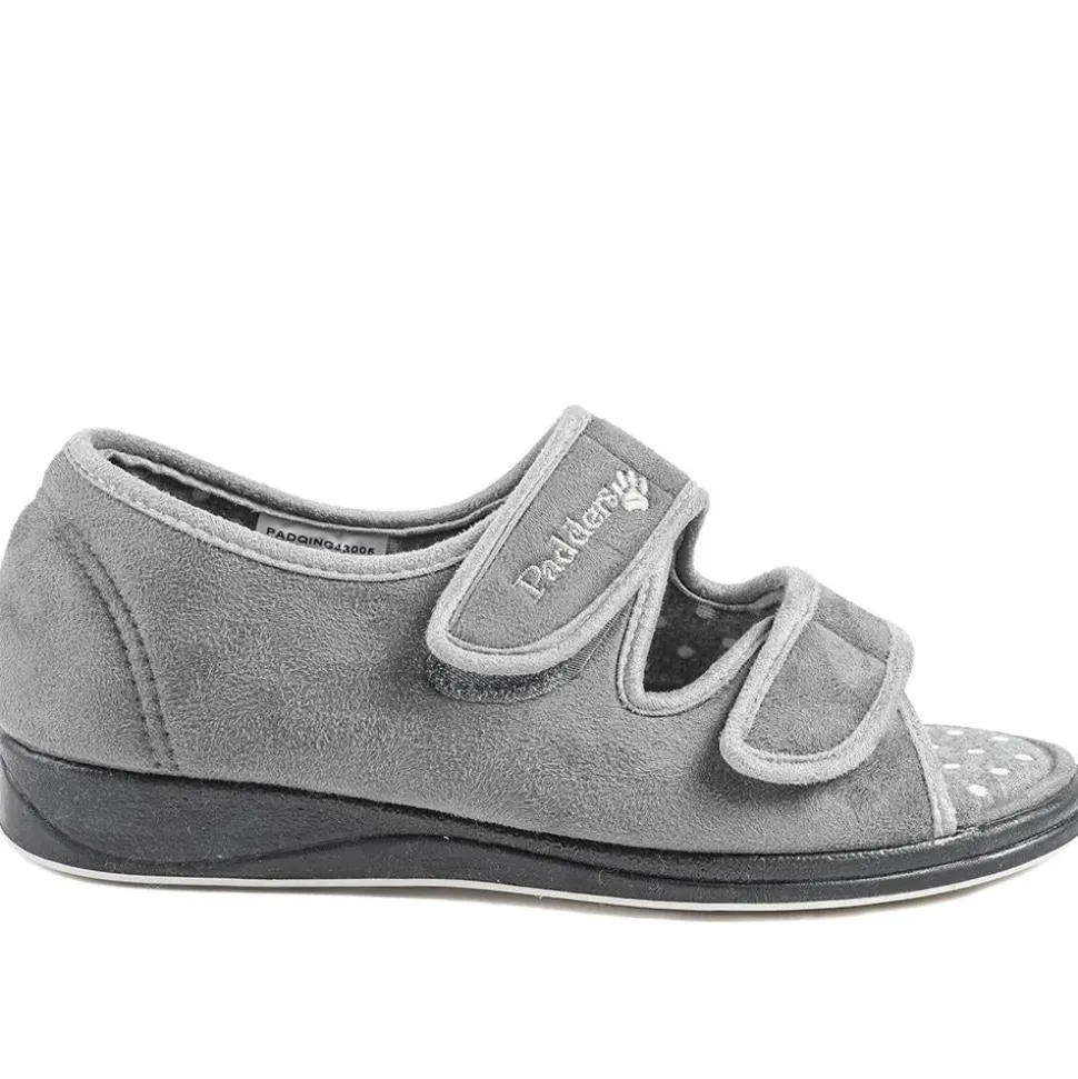 Padders Wide Fit Touch Fasten Slippers - Grey