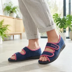 Padders Wide Fit Touch Fasten Slippers - Navy
